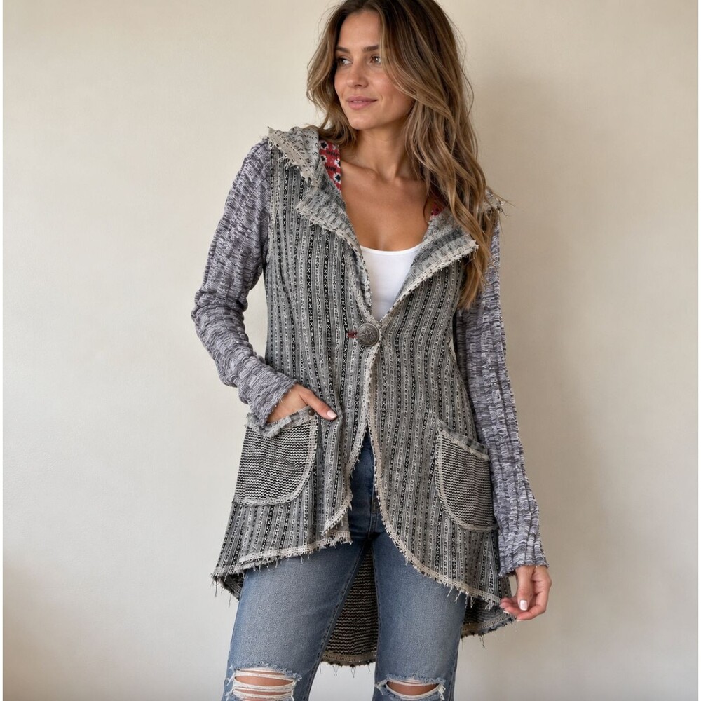 Scrapbook Womens L Jacket Cardigan Sweater Coat Hooded Boho Patchwork Jacket Top